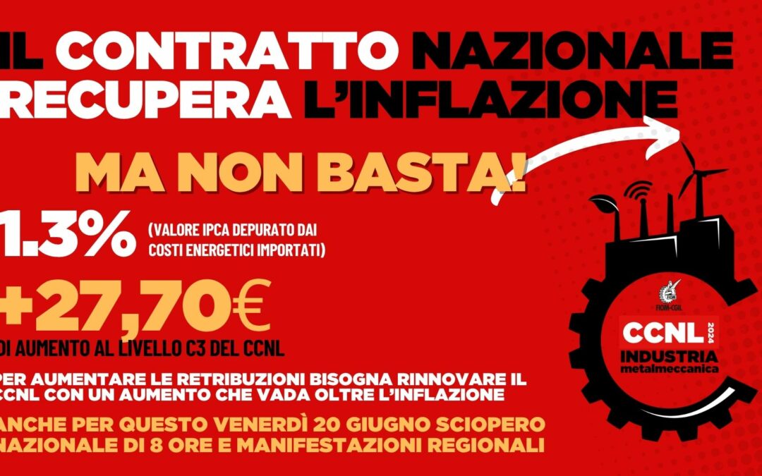 Ccnl Metalmeccanici. De Palma (Fiom): l’aumento di 27,70 euro non basta, scioperiamo il 20 giugno per aumentare il salario con il rinnovo del contratto nazionale