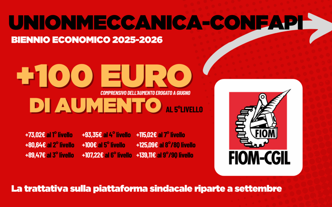 CCNL Unionmeccanica-Confapi. FIOM: sottoscritta ipotesi di accordo per il biennio economico 2025-2026, 100 euro di aumento andando oltre l’inflazione