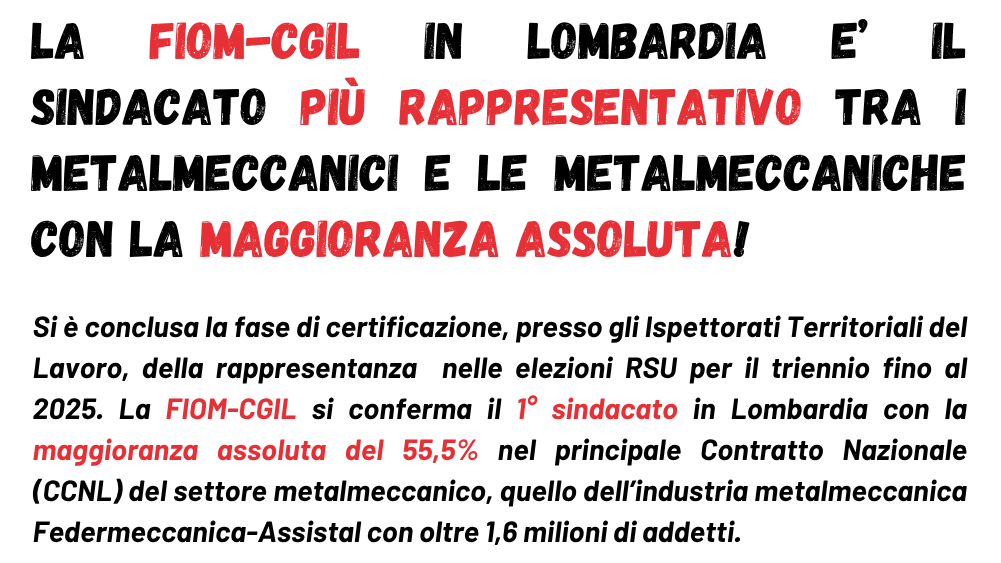 La FIOM-CGIL in Lombardia è il Sindacato più rappresentativo tra i metalmeccanici e le metalmeccaniche con la maggioranza assoluta!